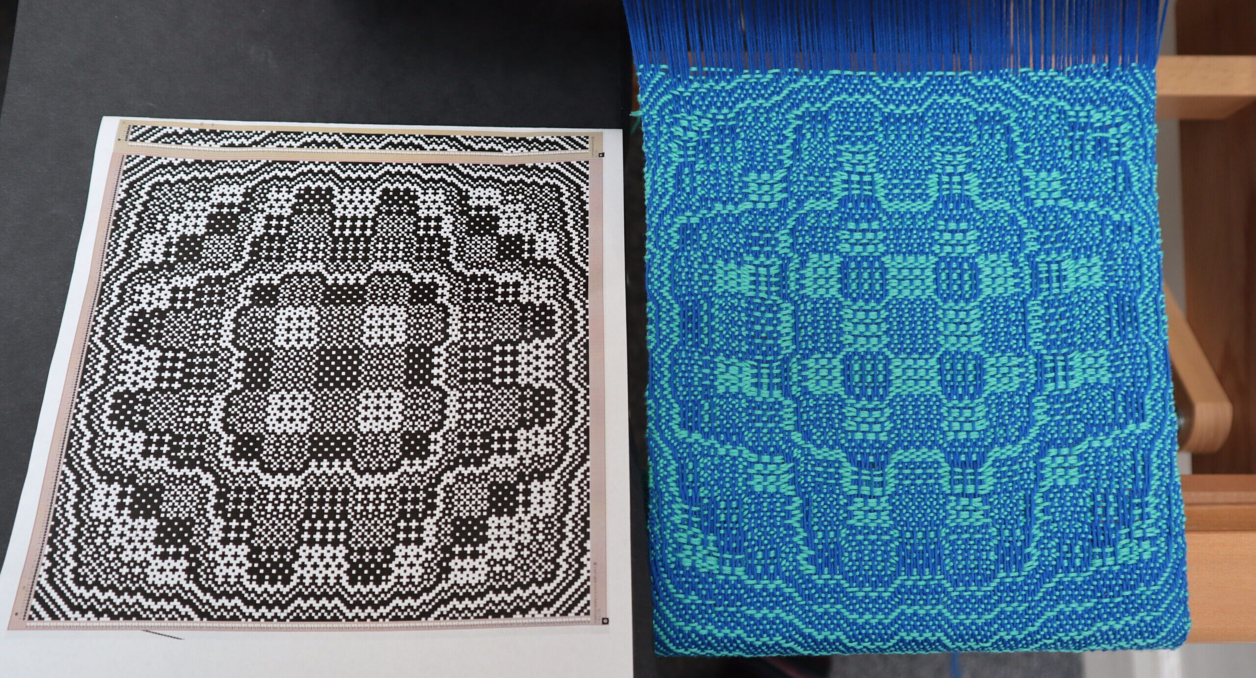 A printout with a 2D grid showing a symmetrical cross-crossy sort of weaving draft pattern.