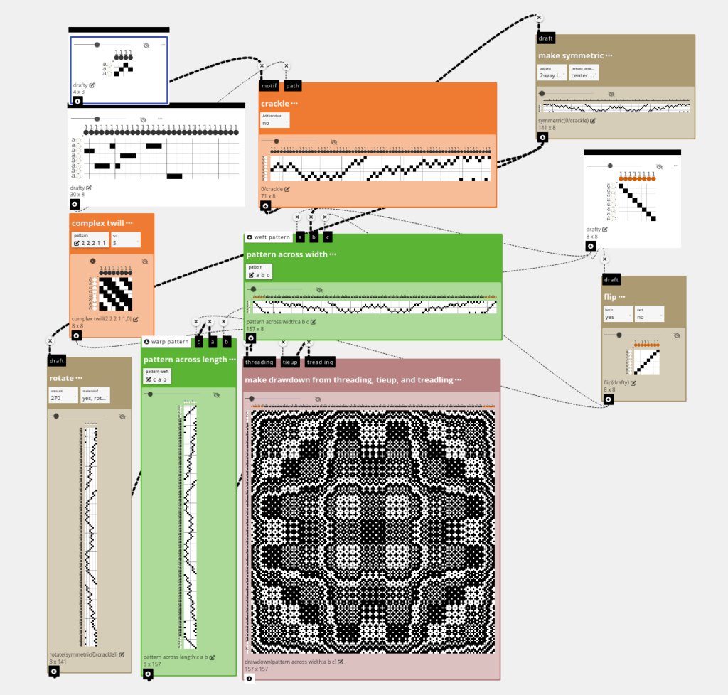 Weaving design made with the AdaCAD software, generating a freaky crackle weave pattern.